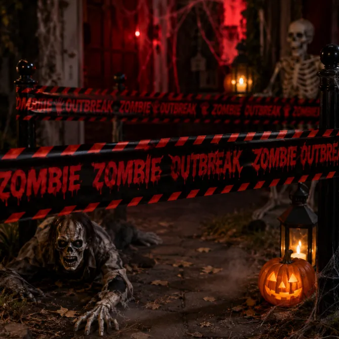 Afzetlint Halloween zombie outbreak zwart/rood 10m