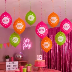 Ballonnen Hiep hiep hiep neon/wit 30 cm - 9 stuks