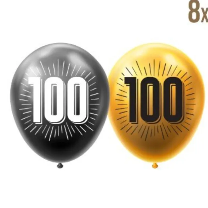 Ballonnen 100 zwart/goud 30 cm - 8 stuks
