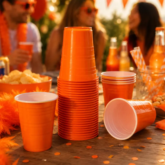 Bekers plastic oranje – 50 stuks (200 ml)