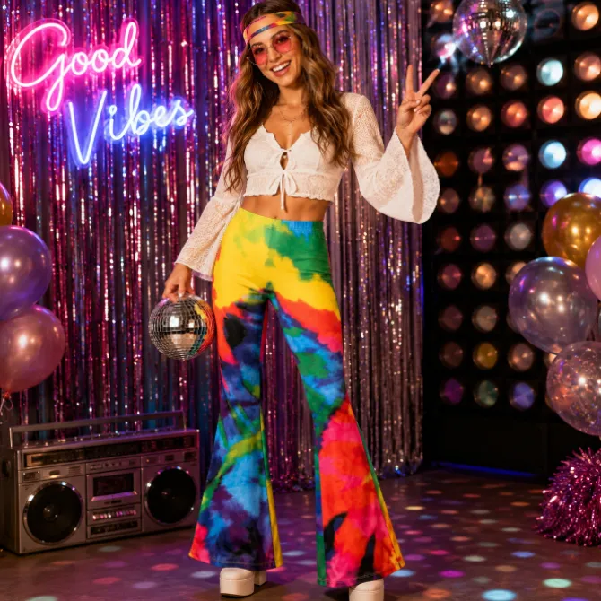 Broek flared tie-dye regenboog dames maat L/XL