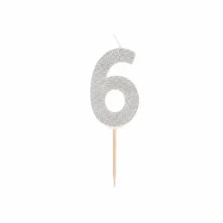 Cijferkaarsje 6 zilver glitter – 1 stuk