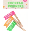 Cocktailprikkers Hiep hiep hoera roze/oranje/groen 12 stuks