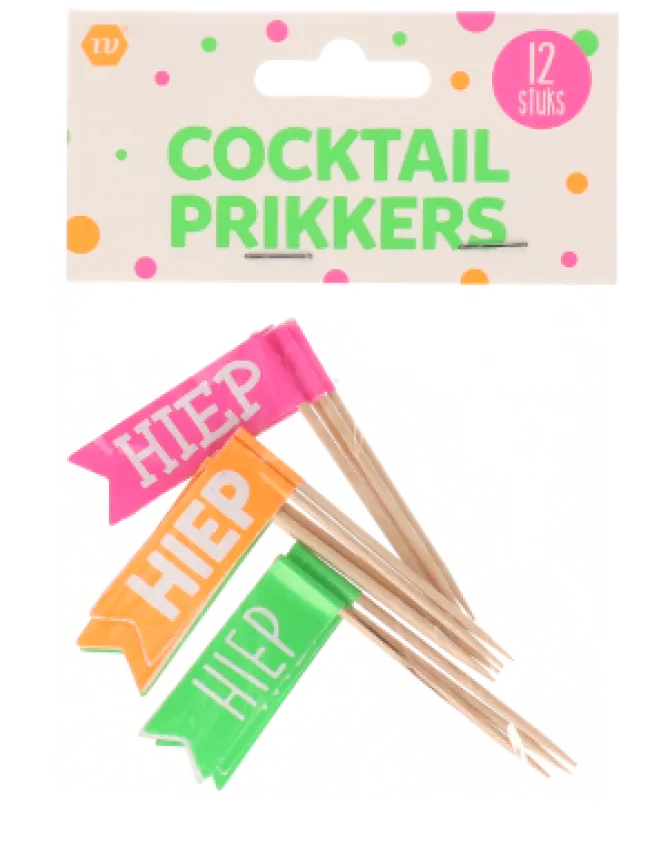 Cocktailprikkers Hiep hiep hoera roze/oranje/groen 12 stuks