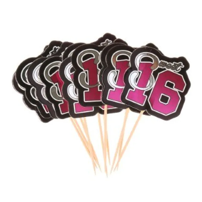Cocktailprikkers Sweet 16 zilver/roze/zwart - 10 stuks