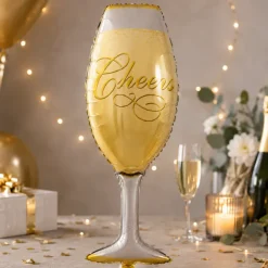 Folieballon Cheers champagneglas zilver/geel 80cm