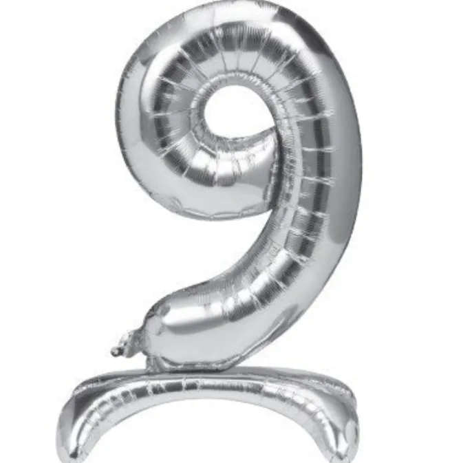 Folieballon staand 9 zilver - 68 cm