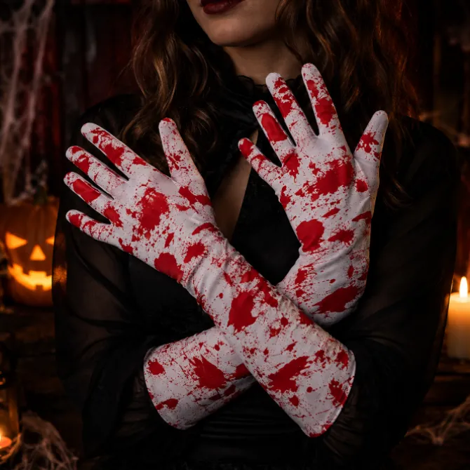 Handschoenen Halloween lang rood/wit