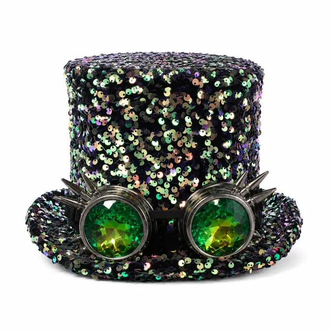 Hoed iriserend pailletten steampunk met bril