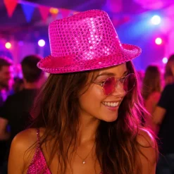 Hoed pailletten fuchsia/roze
