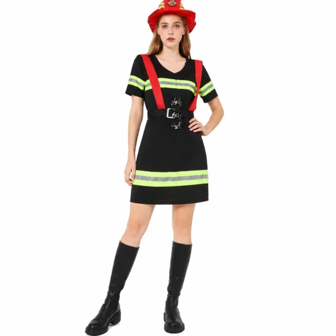 Kostuum brandweervrouw zwart/geel/rood one size