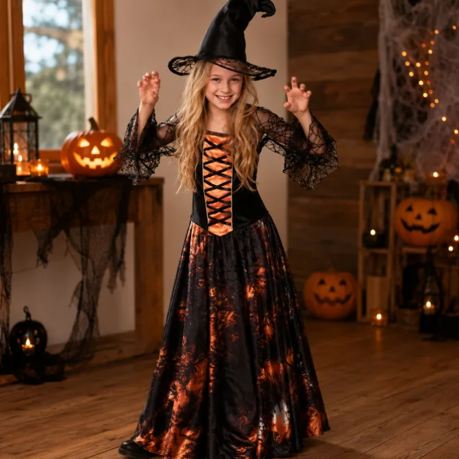 Kostuum Dazzling witch zwart/oranje meisje maat 7-9 jaar