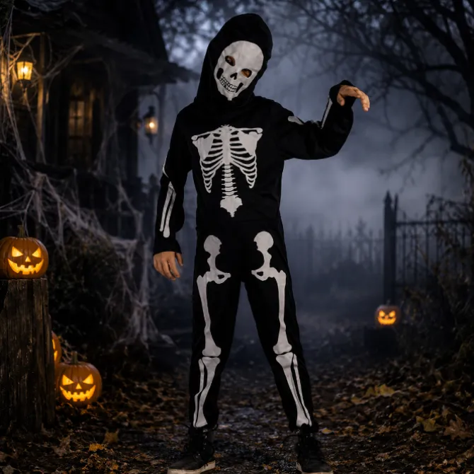 Kostuum Halloween skelet jongen zwart/wit 120-130cm