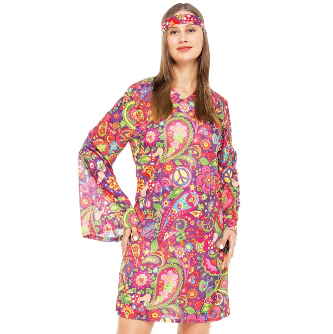 Kostuum jurk en hoofdband hippie meerkleurig maat S/M