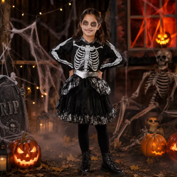 Kostuum meisjes skelet zwart/wit 6-8 years