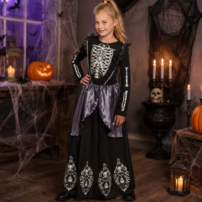 Kostuum Skeleton queen zwart/wit meisje 7-9 jaar