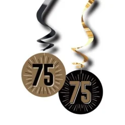 Swirls hangdecoratie 75 jaar zwart/goud 6 stuks