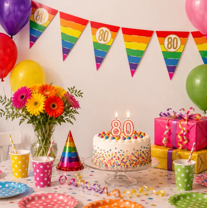 Vlaggenlijn regenboog goud 80 jaar - 5m (15 vlaggen)